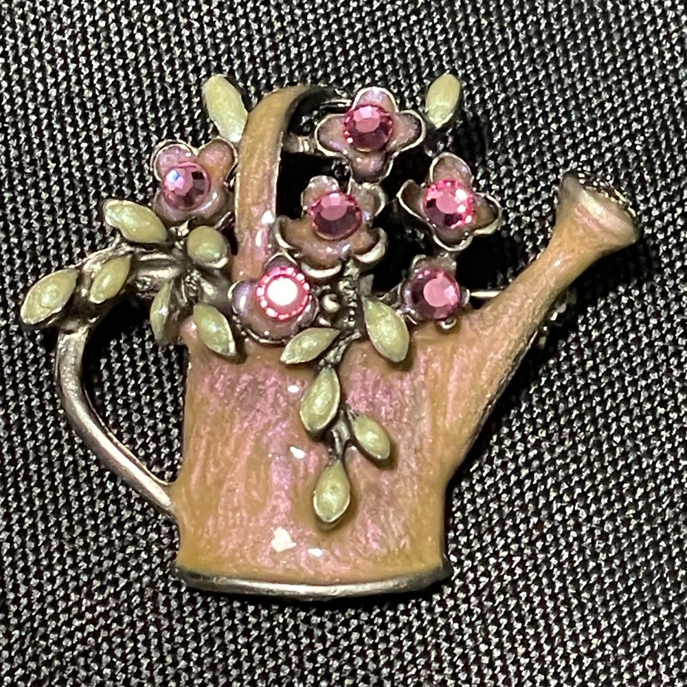 Vintage 🌸 Brooch, Gardening Inspired, Enamel with Rhinestones, Colorful, Pink +